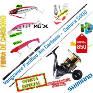 Combo caña de pescar shimano Vengeance Pacifico 3m carbono + carrete sahara 5000 kit completo