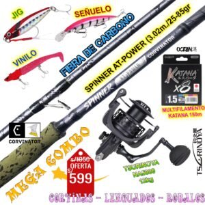 MegaCombo Caña de pescar Corvinator SPINNER AT-POWER 3.0m 25-85gr Carrete Tsurinoya NA5000 12kg con accesorios