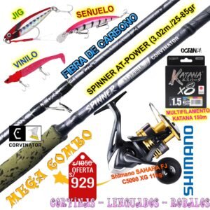 MegaCombo Caña de pescar Corvinator SPINNER AT-POWER 3.0m 25-85gr Shimano Sahara FJ C5000 XG con accesorios