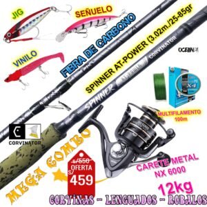 MegaCombo Caña de pescar Corvinator SPINNER AT-POWER 3.0m Carrete DEUKIO NX 6000 12kg con accesorios