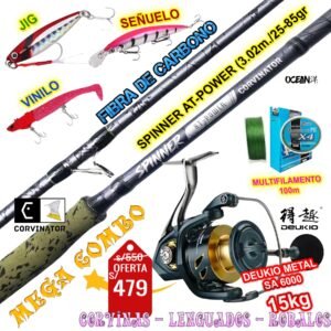 MegaCombo Caña de pescar Corvinator SPINNER AT-POWER 3.0m Carrete DEUKIO SA 6000 15kg con accesorios