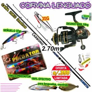 COMBO CAÑA DE PESCAR CARBONO ABUSHA 3.0m 20kg + Carrete DEUKIO 6000 10kg + accesorios