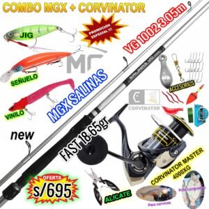 COMBO CAÑA DE PESCAR MGX® SALINAS VG 3.05m + CORVINATOR MASTER 4000XG con ACCESORIOS
