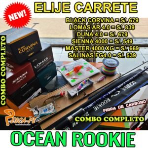 COMBO CAÑA DE PESCAR OCEAN ROOKIE 2.86m Carbono CON ACCESORIOS