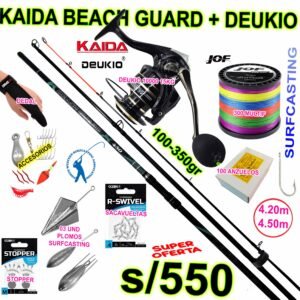 COMBO CAÑA DE PESCAR SURFCASTING KAIDA BEACH GUARD 4.50M CARBONO + DEUKIO 10000 15KG CON ACCESORIOS