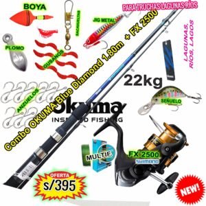 COMBO OKUMA BLUE DIAMOND 1.80m Carbono + FX 2500 con accesorios