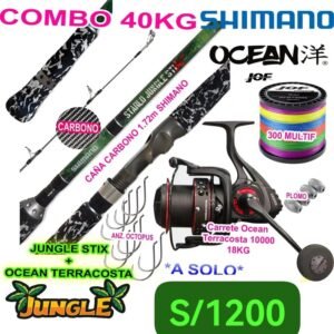 MEGACOMBO CAÑA DE PESCAR SHIMANO JUNGLE STIX + CARRETE OCEAN TERRACOSTA 18KG CON ACCESORIOS