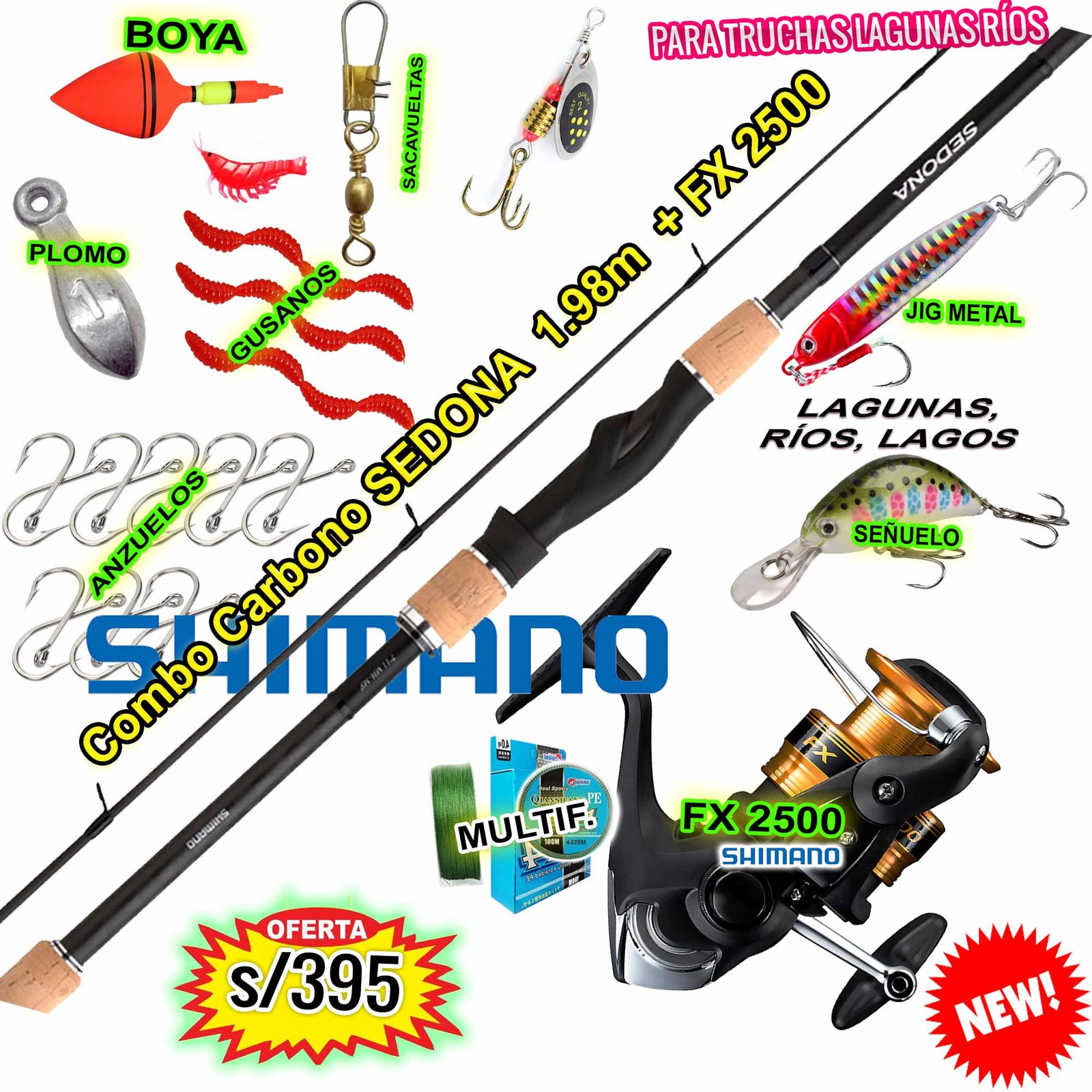 combo caña de pescar 1.98m SEDONA Carbono 24T + FX 25000 con accsorios