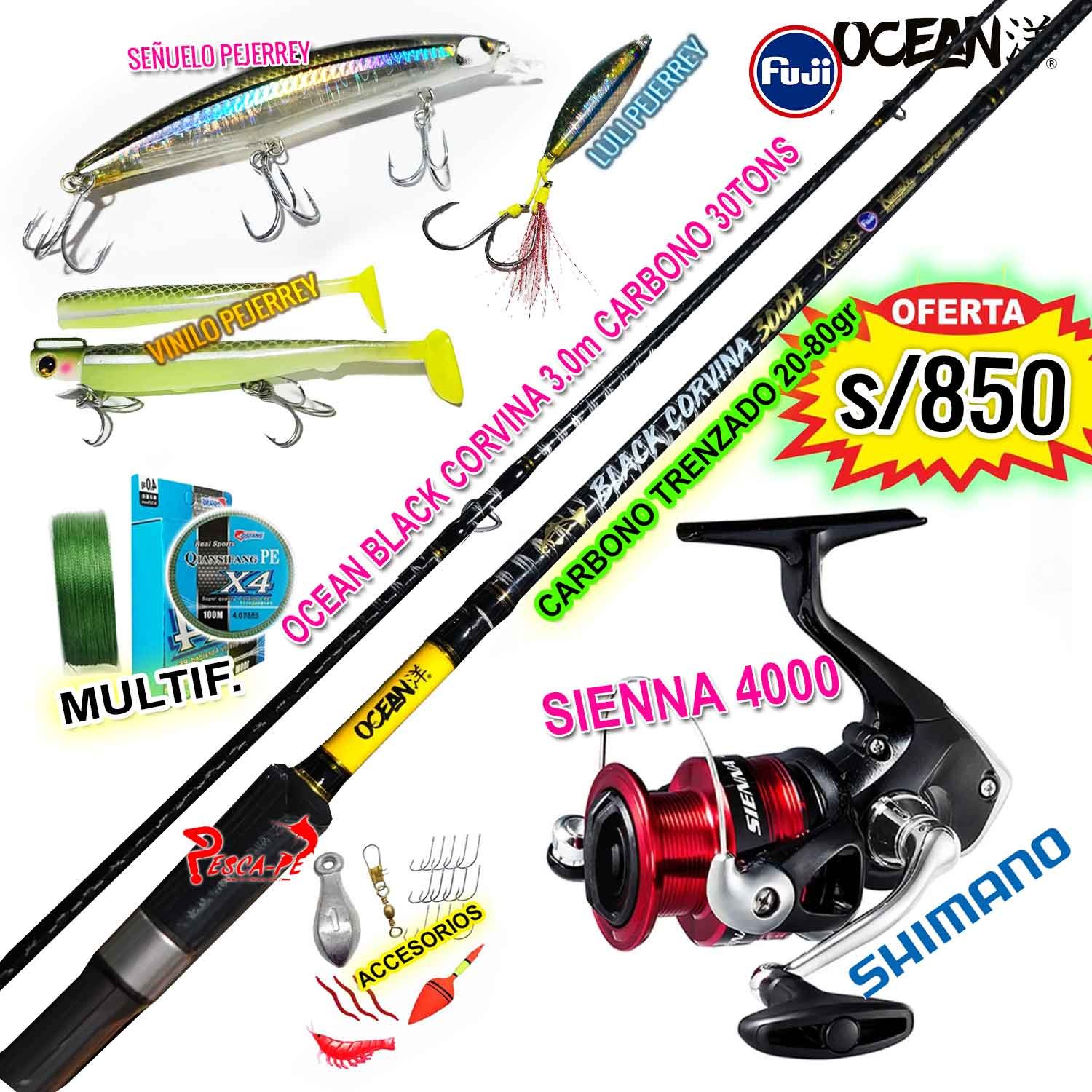 COMBO BLACK CORVINA 3.0m Ocean + Carrete SHIMANO SIENNA 4000 FullPejerrey