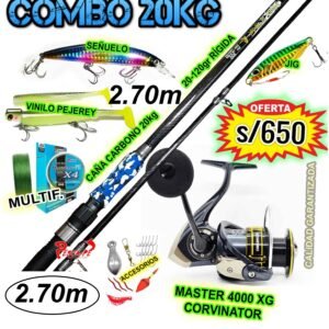COMBO CAÑA DE PESCAR 20KG ABUSHA FIBRA DE CARBONO 2.70M CARRETE MASTER 4000 XG CORVINATOR