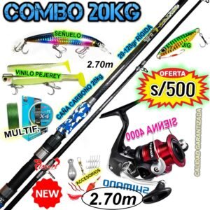 COMBO CAÑA DE PESCAR 20KG ABUSHA FIBRA DE CARBONO 2.70M CARRETE SHIMANO SIENNA 4000