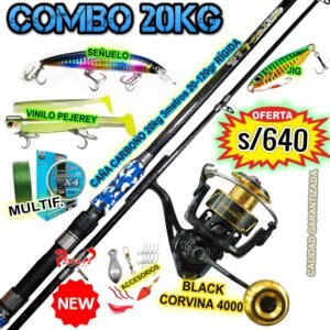 COMBO CAÑA DE PESCAR 20KG ABUSHA FIBRA DE CARBONO 3.0M CARRETE BLACK CORVINA 4000
