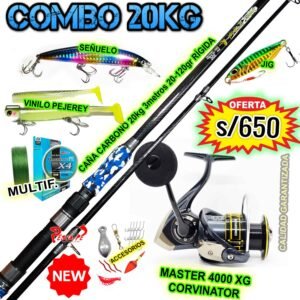 COMBO CAÑA DE PESCAR 20KG ABUSHA FIBRA DE CARBONO 3.0M CARRETE MASTER 4000 XG CORVINATOR