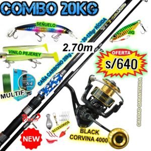 COMBO CAÑA DE PESCAR 20KG ABUSHA FIBRA DE CARBONO 3.0M CARRETE BLACK CORVINA 4000