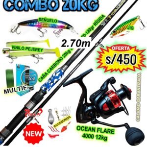 COMBO CAÑA DE PESCAR 20Kg Abusha Fibra de carbono 3.0m Carrete Ocean Flare 4000