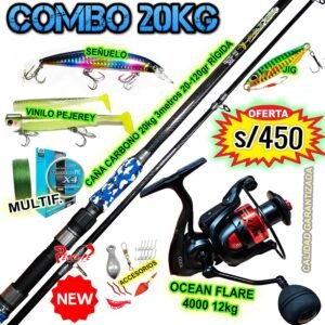COMBO CAÑA DE PESCAR 20Kg Abusha Fibra de carbono 3.0m Carrete Ocean Flare 4000