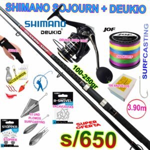 COMBO CAÑA DE PESCAR SURFCASTING SHIMANO SOJOURN 3.90m CARBONO + DEUKIO 10000 15KG CON ACCESORIOS