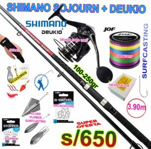 COMBO CAÑA DE PESCAR SURFCASTING SHIMANO SOJOURN 3.90m CARBONO + DEUKIO 10000 15KG CON ACCESORIOS