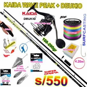 COMBO CAÑA DE PESCAR SURFCASTING WAVE PEAK 4.20M CARBONO + DEUKIO 10000 15KG CON ACCESORIOS
