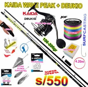 COMBO CAÑA DE PESCAR SURFCASTING WAVE PEAK 4.20M CARBONO + DEUKIO 10000 15KG CON ACCESORIOS