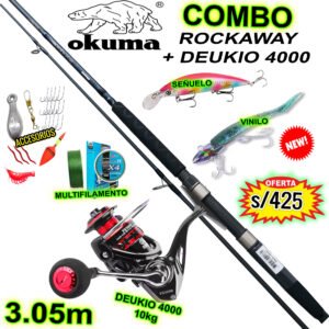 COMBO CAÑA OKUMA Rockaway 3.05m Carbono + DEUKIO 4000 COMPLETO