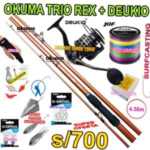 COMBO CAÑA OKUMA TRIO REX + CARRETE DEUKIO 10000 CON ACCESORIOS