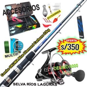 COMBO OKUMA BLUE DIAMOND 1.80M CARBONO + DEUKIO 6000 CON ACCESORIOS