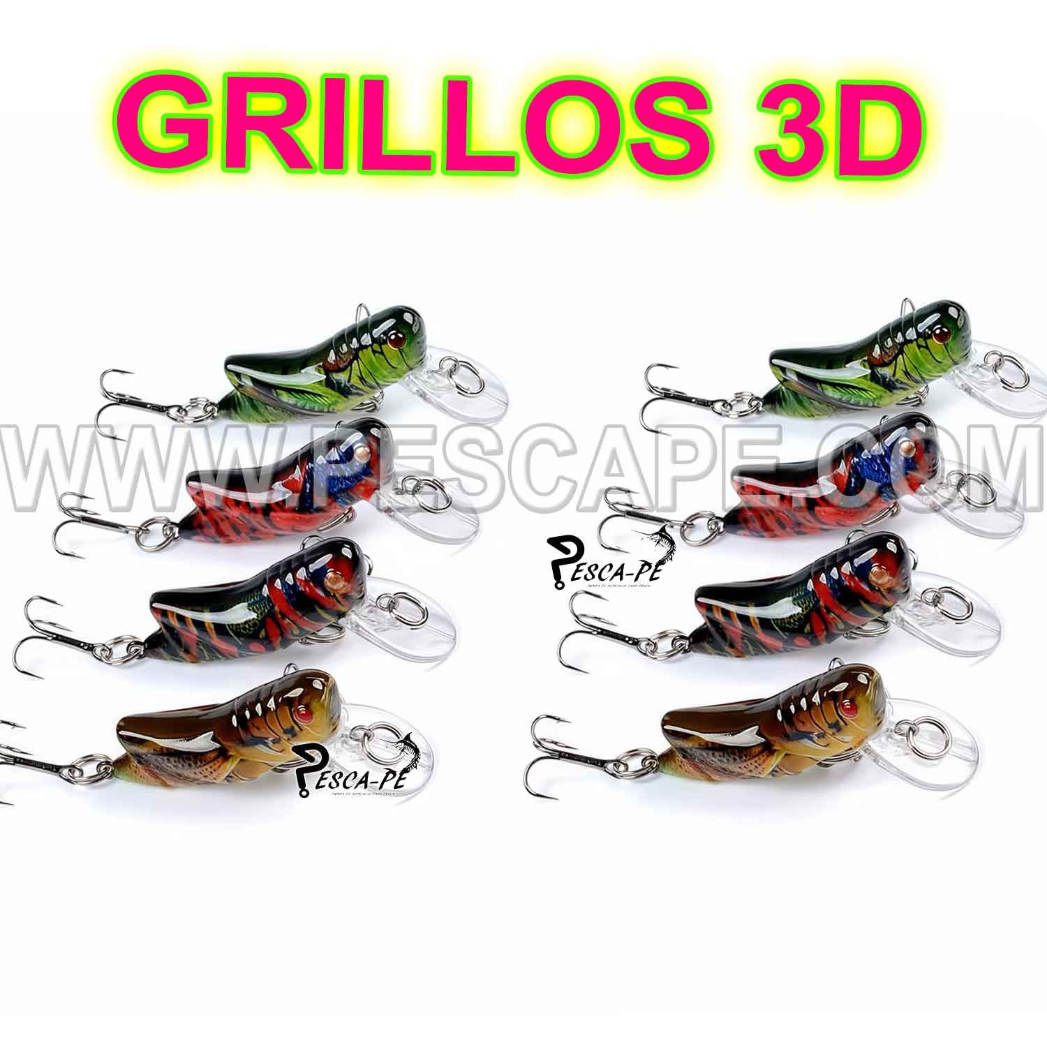 Señuelo de Grasshopper de Hundimiento Lento Crankbait Minnow 5cm 4g 3D y Anzuelos Afilados (1 und)