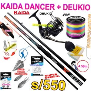 COMBO CAÑA DE PESCAR SURFCASTING KAIDA BEACH DANCER 4.50M CARBONO + DEUKIO 10000 15KG CON ACCESORIOS