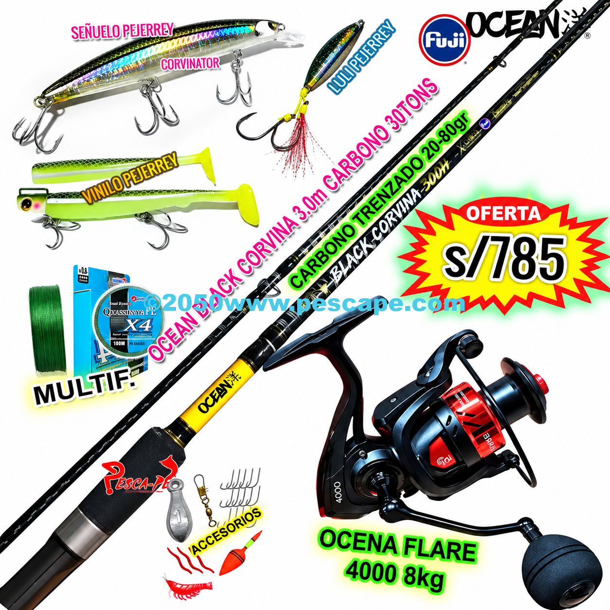 2026/02/file_000000009060820eb9c6d8fb10b64155.png COMBO BLACK CORVINA 3.0m Ocean + Carrete OCEAN FLARE 4000 12kg FullPejerrey - Imagen 1