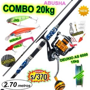 COMBO CAÑA ABUSHA 2.70M 20KG CARBONO + DEUKIO AS 6000 15KG CON ACCESORIOS