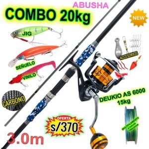 COMBO CAÑA ABUSHA 3.0M 20KG CARBONO + DEUKIO AS 6000 15KG CON ACCESORIOS
