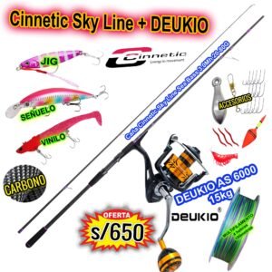 COMBO CAÑA DE PESCAR Cinnetic Sky Line 20-80gr + DEUKIO 6000 15KG CON ACCESORIOS