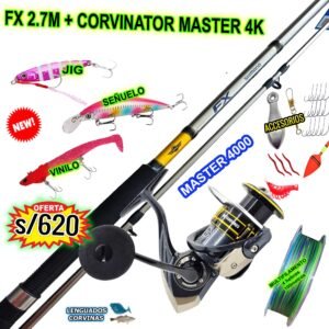 COMBO CAÑA SHIMANO FX 2.70M + CORVINATOR MASTER 4000 10KG CON ACCESORIOS