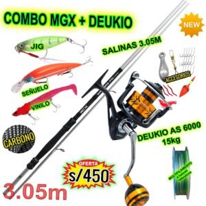 COMBO MGX SALINAS 3.05M CARBONO + DEUKIO AS 6000 15KG CON ACCESORIOS