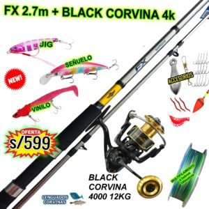 COMBO SHIMANO FX 2.70M + OCEAN BLACK CORVINA 4000 12KG CON ACCESORIOS