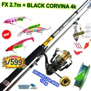 COMBO SHIMANO FX 2.70M + OCEAN BLACK CORVINA 4000 12KG CON ACCESORIOS