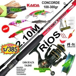 COMBO CAÑA DE PESCAR KAIDA CONCORDE  2.10m RIOS Carrete DEUKIO 6000 CON ACCESORIOS