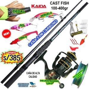 COMBO CAÑA DE PESCAR KAIDA CAT FISH 3.0M + CARRETE DEUKIO 6000 CON ACCESORIOS