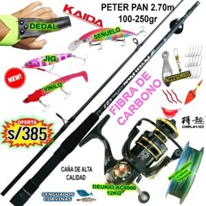 COMBO CAÑA DE PESCAR KAIDA PETER PAN 2.70M CARBONO CARRETE DEUKIO 6000 12KG CON ACCESORIOS