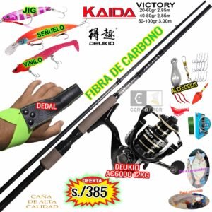COMBO CAÑA DE PESCAR KAIDA VICTORY + CARRETE DEUKIO AC6000 CON ACCESORIOS