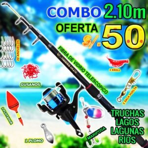 Kit caña de pescar 2.10m Fibra de Vidrio Mejorado Carrete + Nylon Combo Telescópico PescaPe®