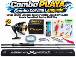 COMBO CORVINATOR LEGEND X PRO 3.05M CARBONO + CARRETE OCEAN BLACK CORVINA 12kg CON ACCESORIOS