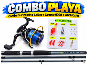 COMBO SURFCASTING 3.60M HIBRIDA 3 CUERPOS RESISTENTE + CARRETE 9000 CON ACCESORIOS