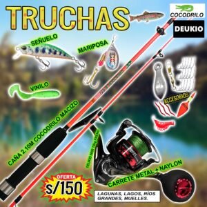 COMBO CAÑA DE PESCAR LAGUNA COCODRILO 2.10M + CARRETE 5000 DEUKIO METAL CON ACCESORIOS
