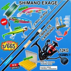 COMBO CAÑA DE PESCAR SHIMANO EXAGE 2.90m Carbono + CARRETE OCEAN FLARE 4000 12KG CON ACCESORIOS