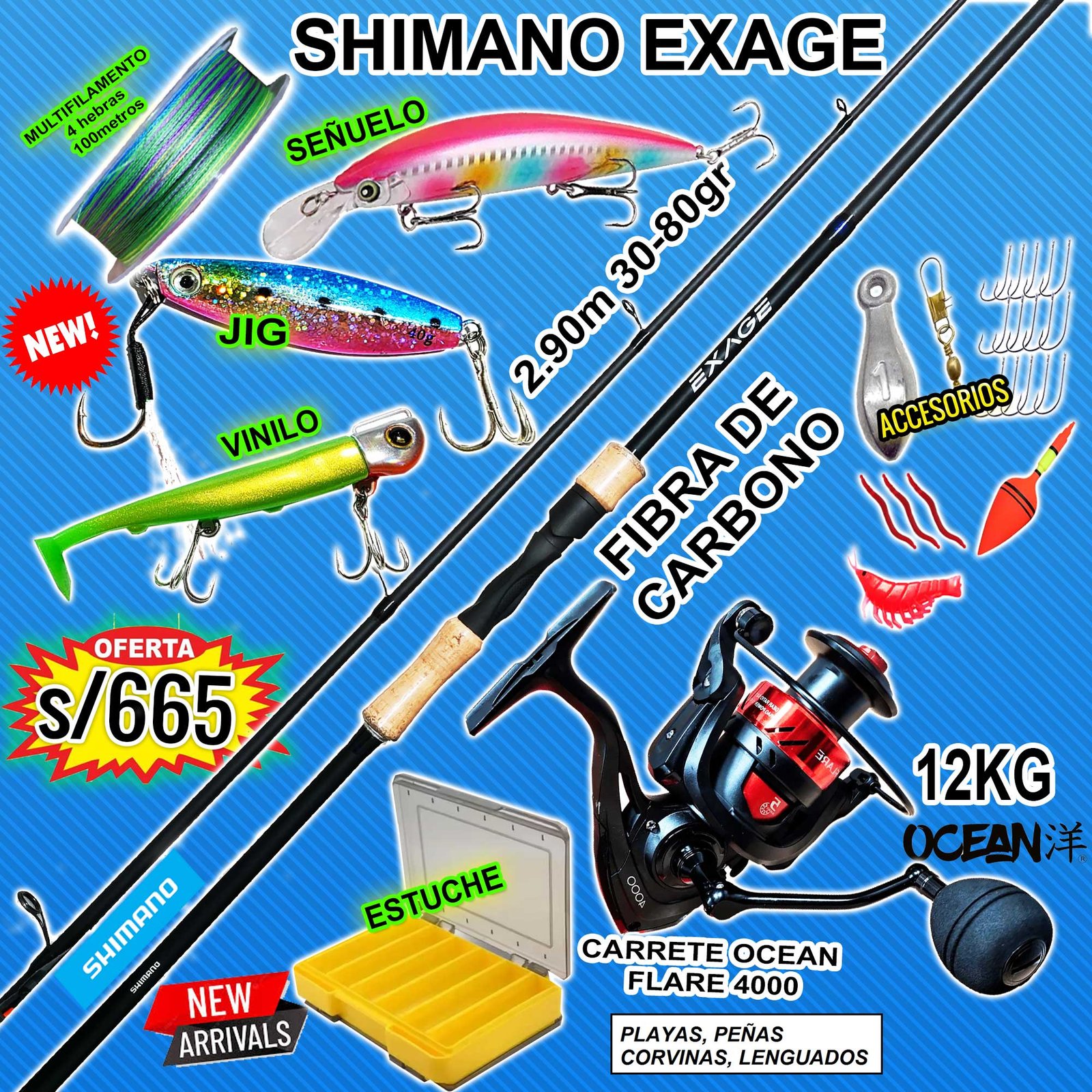 COMBO CAÑA DE PESCAR SHIMANO EXAGE 2.90m Carbono + CARRETE OCEAN FLARE 4000 12KG CON ACCESORIOS