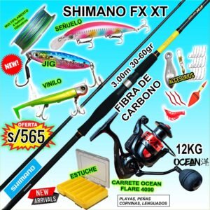 COMBO CAÑA DE PESCAR SHIMANO FX XT 3.00M + CARRETE OCEAN FLARE 4000 12KG CON ACCESORIOS