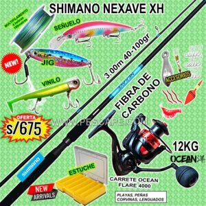 COMBO CAÑA DE PESCAR SHIMANO NEXAVE XH 3.00m + CARRETE OCEAN FLARE 4000 12KG CON ACCESORIOS