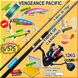 COMBO CAÑA DE PESCAR SHIMANO VENGEANCE PACIFIC 3.00M + CARRETE OCEAN FLARE 4000 12KG CON ACCESORIOS